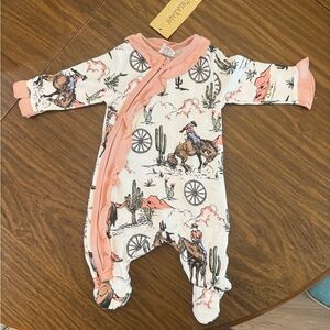 Western-Themed Kids Footie with Pink Trim